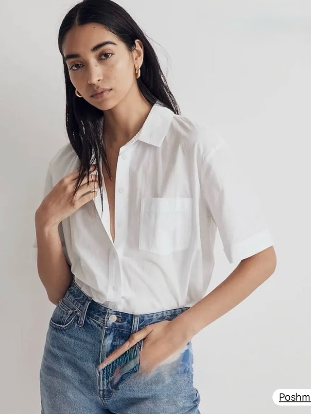 Madewell white cotton short sleeve button down blouse